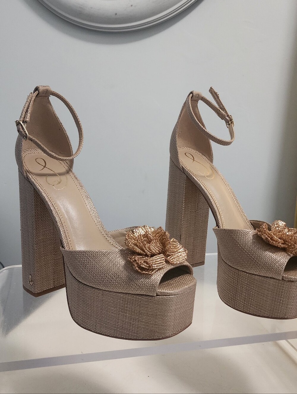 Sam Edelman Gold Platform Peep-Toe Ankle-Strap Heels with Floral Applique - Picture 2 of 4